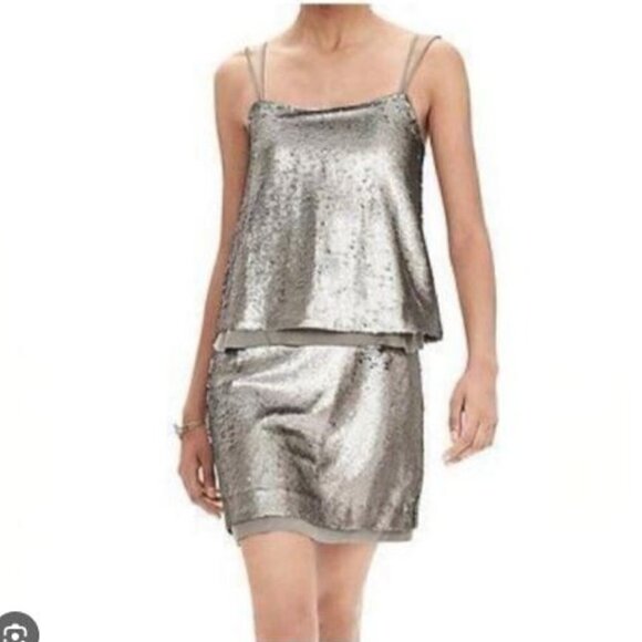 Banana Republic Dresses & Skirts - Banana Republic Pewter Sequin Layered Spaghetti Strap Mini Dress Size 6